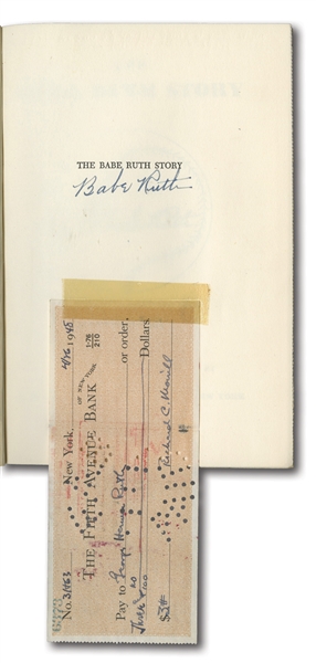 4/16/1948 "GEORGE HERMAN RUTH" FULL NAME ENDORSED CHECK WITH AUTOGRAPHED 1948 "THE BABE RUTH STORY" BOOK BOUGHT DIRECTLY FROM RUTH! (DIRECT FAMILY PROVENANCE)